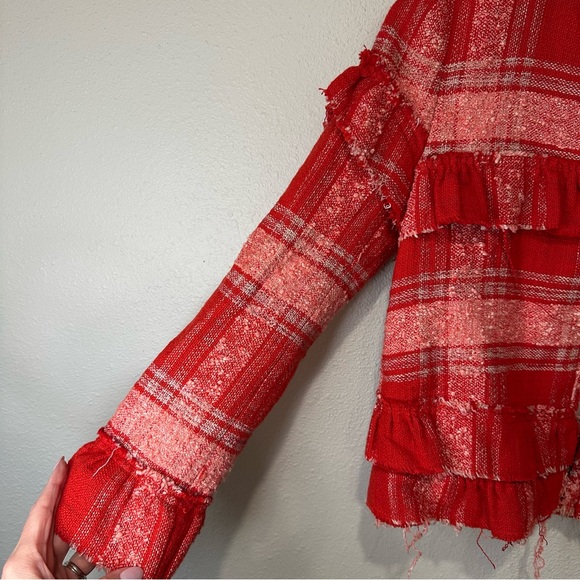 Zara Red Plaid Distressed Hem Women's Jacket - Picture 6 of 11